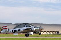 The B-25 Mitchell bomber Panchito lands on a runway next to the National Museum of the U.S. Air Force at Wright-Patterson Air Force Base, Ohio, April 17,2017. The Panchito, out of Georgetown, Del.,  is one of the 11 World War II bombers taking part in the museums celebration of the 75th anniversary of the Doolittle Raid when Army Air Corps bombers took off from an aircraft carrier to deliver the first strike of the Japanese homeland of the war. (U.S. Air Force photo by R.J. Oriez/Released)