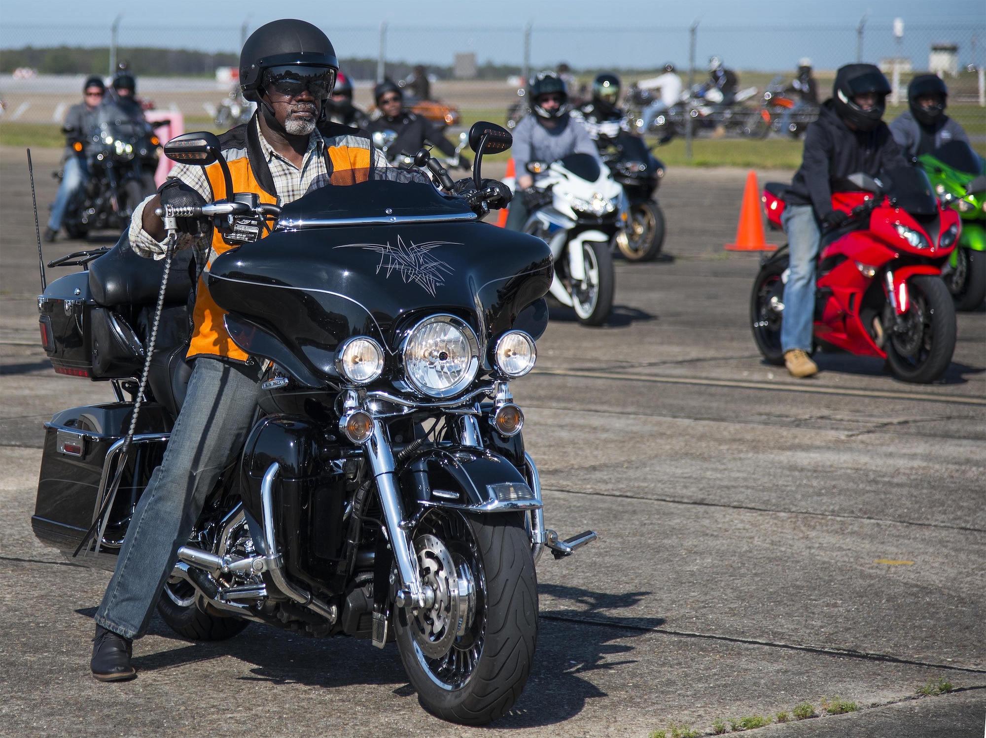 Bikers roll into the annual motorcycle safety rally at Eglin Air Force Base, Fla., April 14.  More than 500 motorcyclists came out for the event that meets the annual safety briefing requirement for base riders.  (U.S. Air Force photo/Samuel King Jr.)