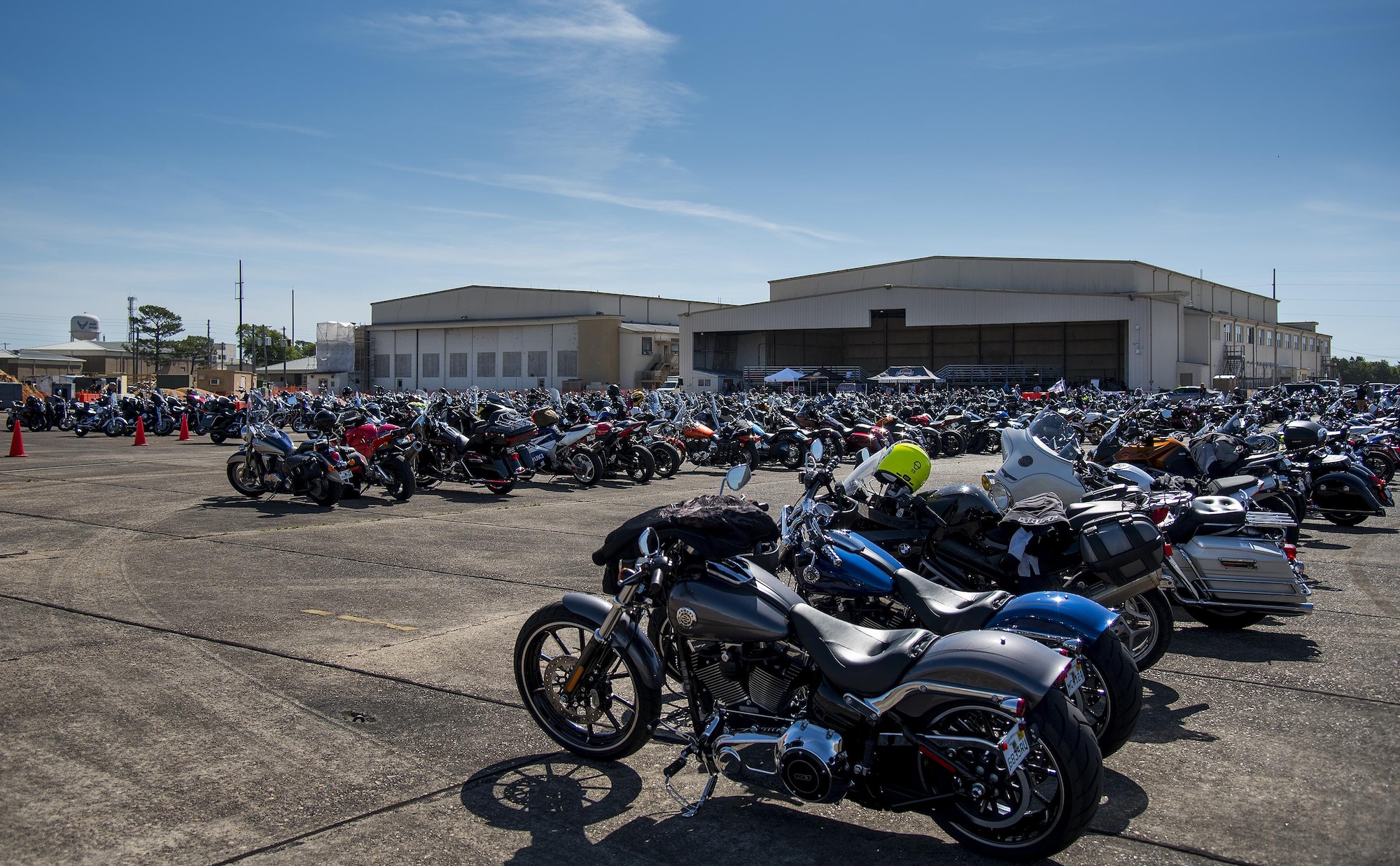 More than 500 bikes park in front of the hangar during the annual motorcycle safety rally at Eglin Air Force Base, Fla., April 14.  The event meets the annual safety briefing requirement for base riders.  (U.S. Air Force photo/Samuel King Jr.)