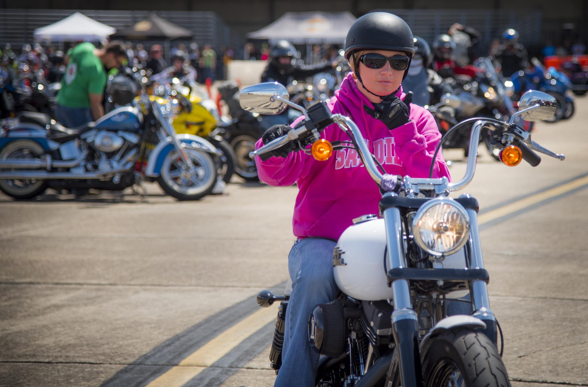 A biker rolls out after the annual motorcycle safety rally at Eglin Air Force Base, Fla., April 14.  More than 500 motorcyclists came out for the event that meets the annual safety briefing requirement for base riders.  (U.S. Air Force photo/Samuel King Jr.)