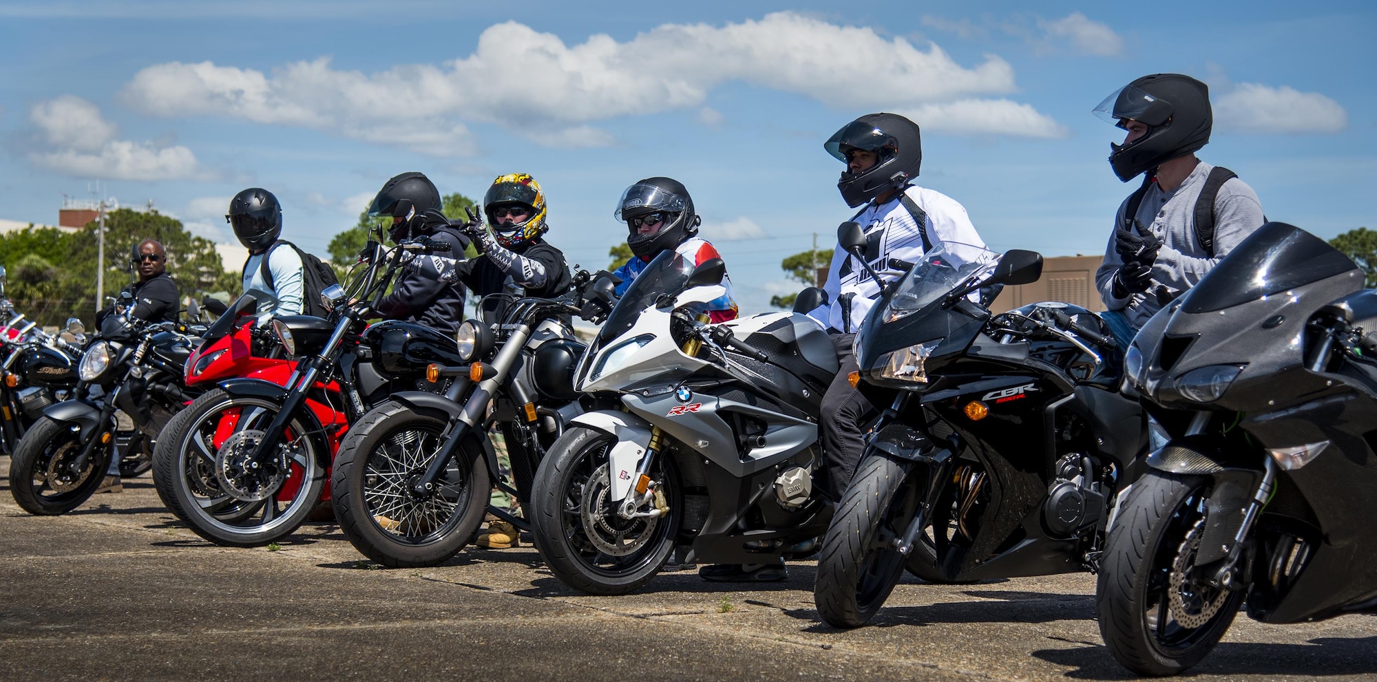 A group of riders wait to take off after the annual motorcycle safety rally at Eglin Air Force Base, Fla., April 14.  More than 500 motorcyclists came out for the event that meets the annual safety briefing requirement for base riders.  (U.S. Air Force photo/Samuel King Jr.)