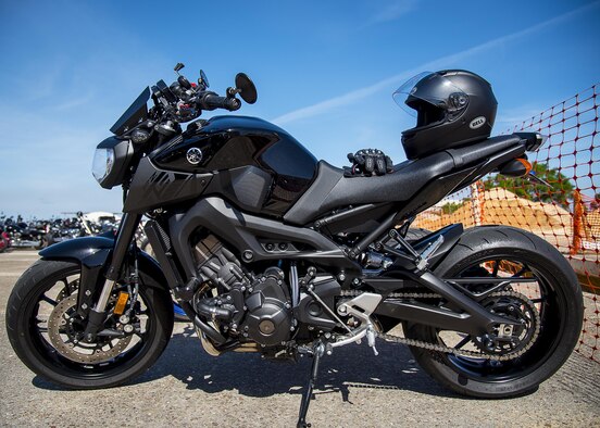 An all-black bike sits in front of the hangar during the annual motorcycle safety rally at Eglin Air Force Base, Fla., April 14.  More than 500 motorcyclists came out for the event that meets the annual safety briefing requirement for base riders.  (U.S. Air Force photo/Samuel King Jr.)