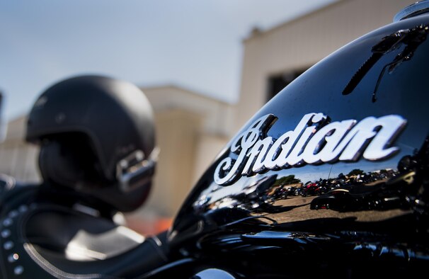 A black Indian bike sits in front of the hangar during the annual motorcycle safety rally at Eglin Air Force Base, Fla., April 14.  More than 500 motorcyclists came out for the event that meets the annual safety briefing requirement for base riders.  (U.S. Air Force photo/Samuel King Jr.)