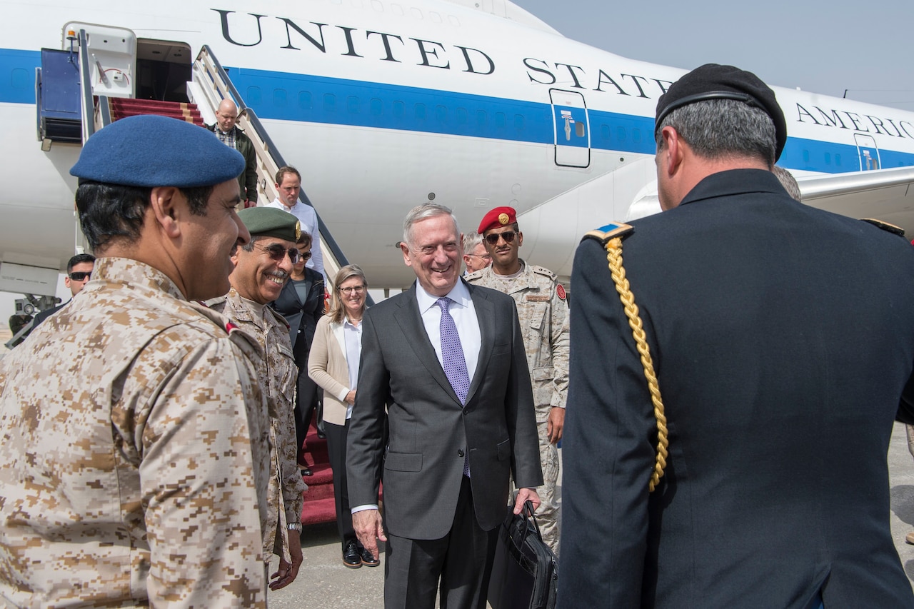Defense Secretary Jim Mattis greets Saudi leaders after arriving at King Salman Air Base, Saudi Arabia, April 18, 2017. DoD photo by Air Force Tech. Sgt. Brigitte N. Brantley