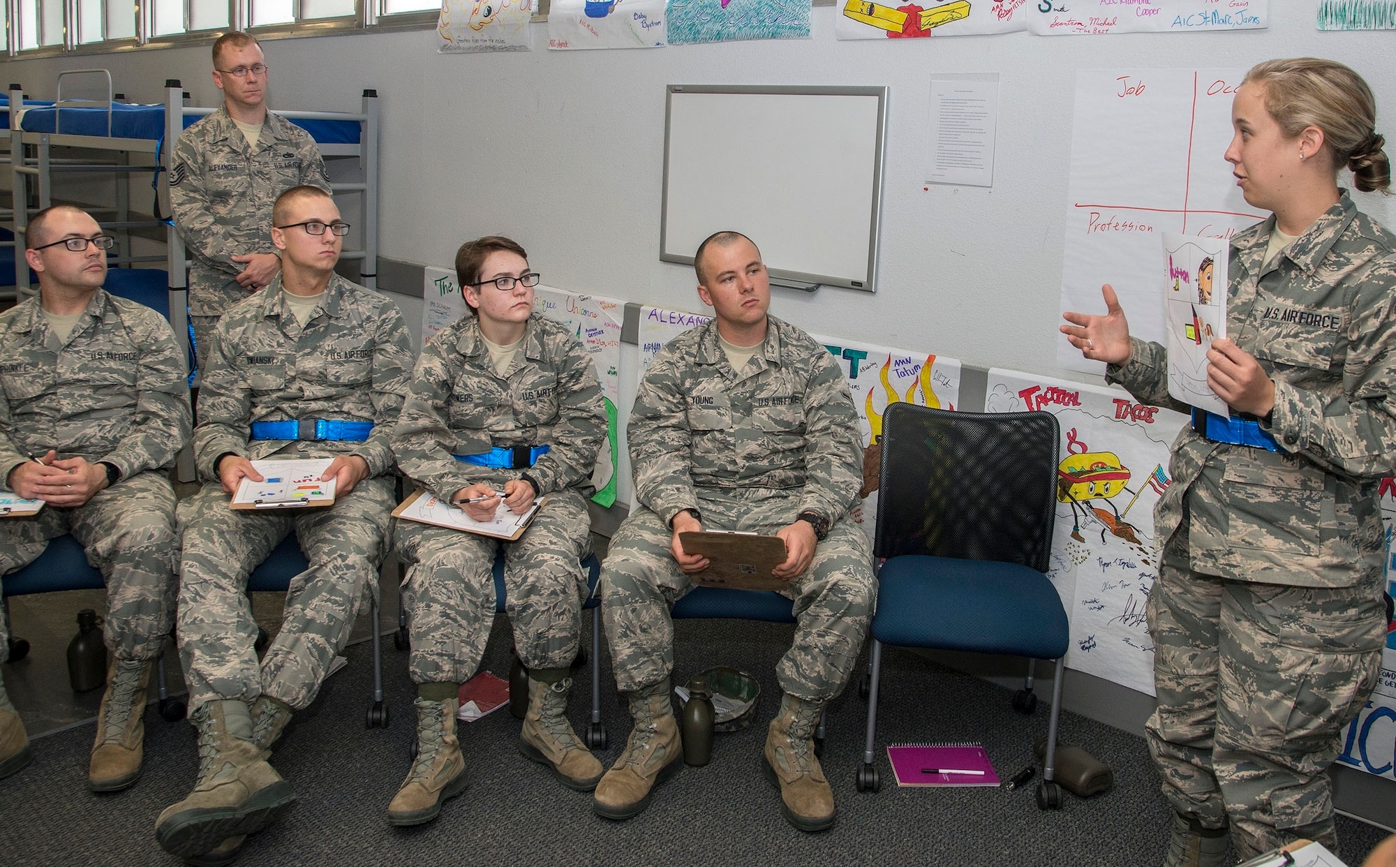 Tech Sgt. Alexander assists Airmen as they lead their own discussion during Airman's Week, an important part of their integration into the Air Force.