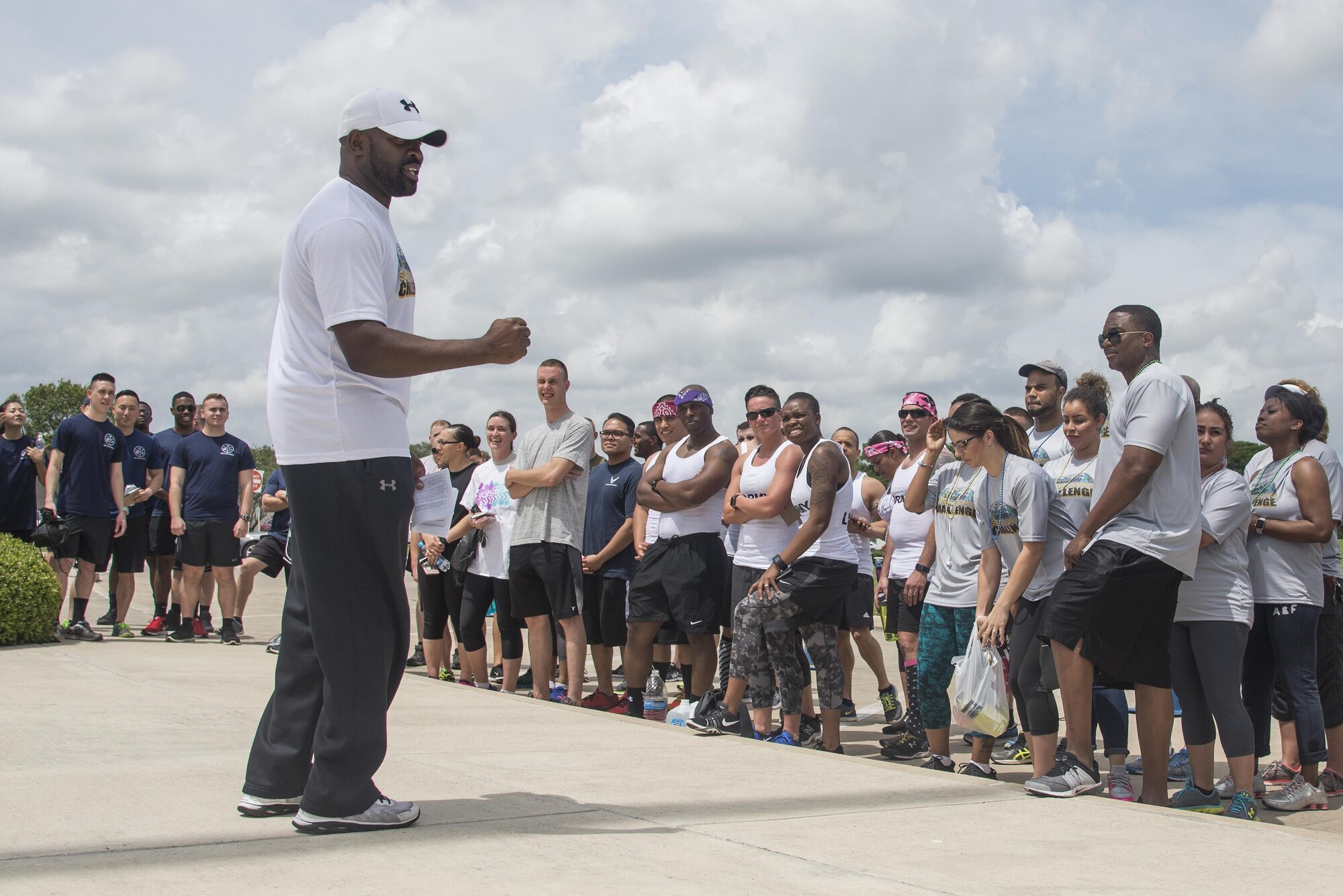 Allen Blair, 502nd Air Base Wing sexual assault response coordinator, motivates competitors prior to the start of the “Survivor’s Challenge” April 13, 2017, at Joint Base San Antonio-Randolph.  Survivor’s Challenge is a JBSA competition where teams compete in mental and physical challenges to help raise awareness and prevent sexual assault within the military and federal service.  (U.S. Air Force photo by Sean M. Worrell)