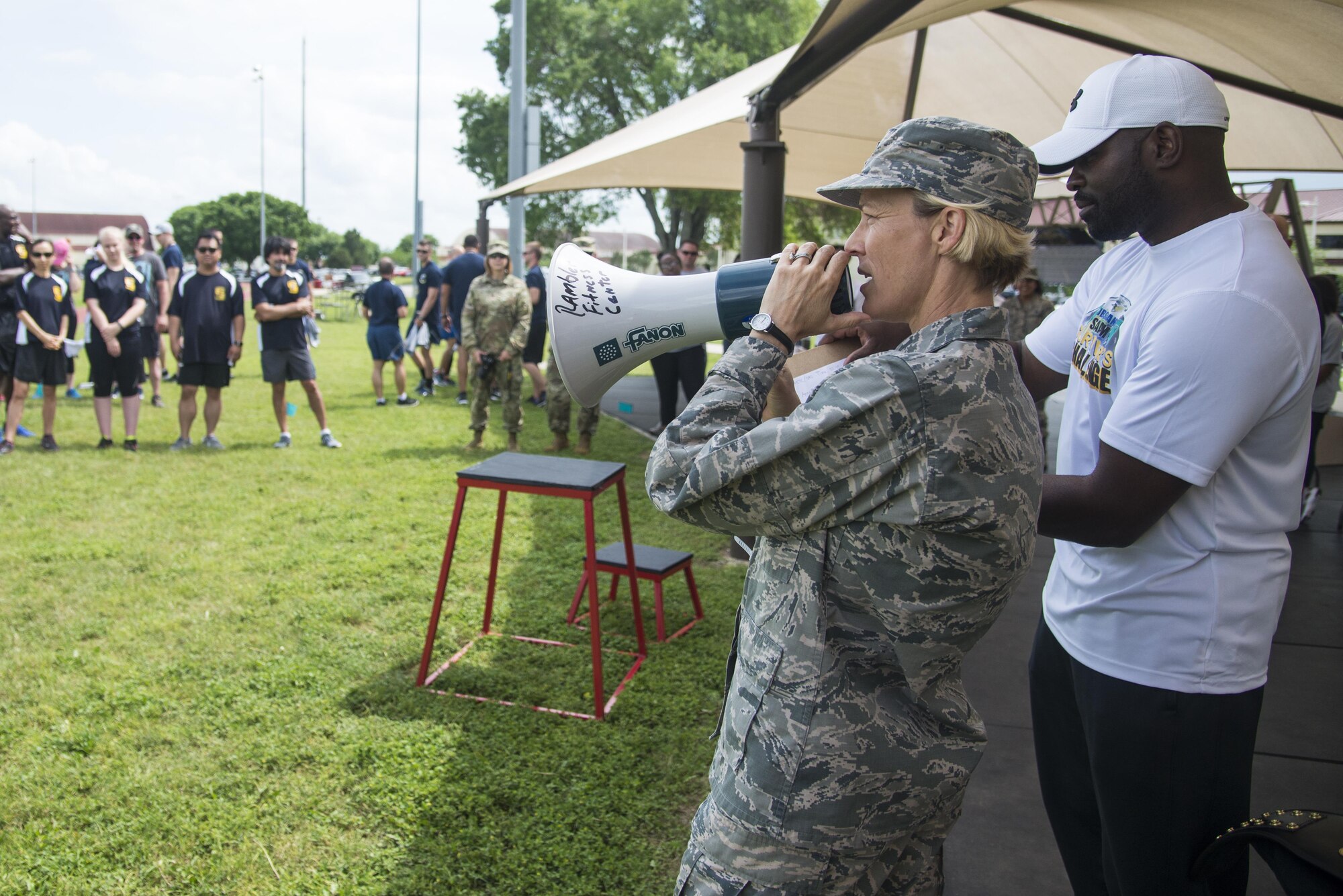 Brig. Gen. Heather Pringle, 502nd Air Base Wing and Joint Base San Antonio commander, announce the “Survivor’s Challenge” winning team April 13, 2017, at Joint Base San Antonio-Randolph.  Survivor’s Challenge is a JBSA competition where teams compete in mental and physical challenges to help raise awareness and prevent sexual assault within the military and federal service.  (U.S. Air Force photo by Sean M. Worrell)