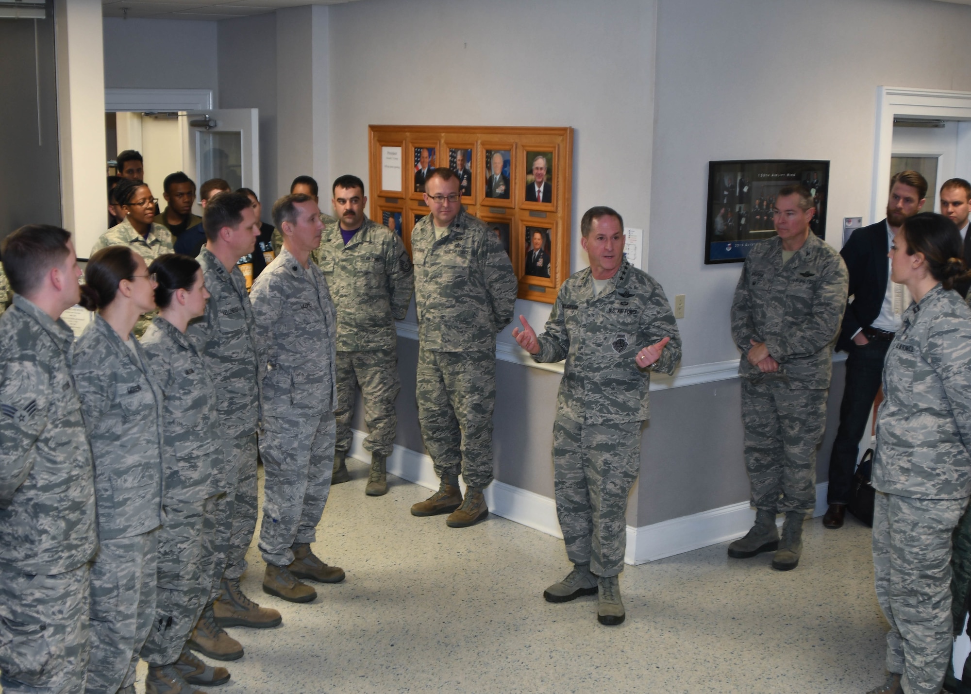 Air Force Chief of Staff Gen. David L. Goldfein speaks to the Airmen of the 136th Airlift Wing, Texas Air National Guard, during his visit to the wing at Naval Air Station Fort Worth Joint Reserve Base, Texas, Jan. 29, 2017. Goldfein addressed the wing about global operations and where the Air Force is going as a whole. (Air National Guard photo by Senior Airman De’Jon Williams)