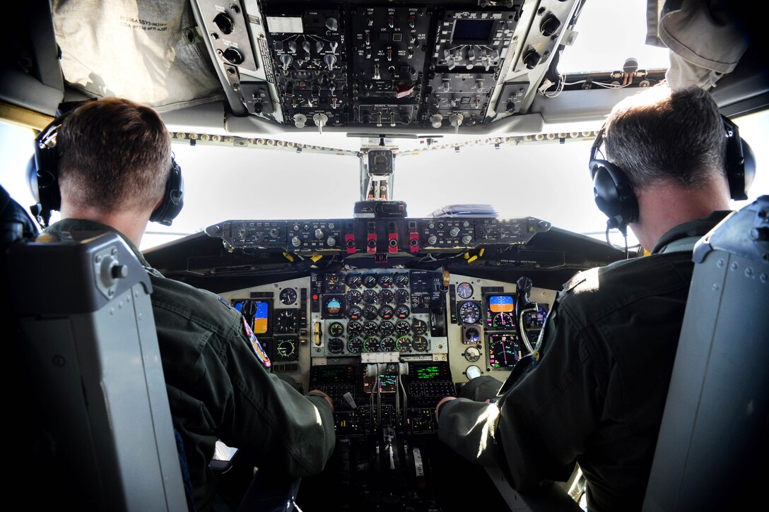 Air Force pilots fly a KC-135 Stratotanker during a refueling mission over the Atlantic Ocean, April 15, 2017. Air Force photo by Airman 1st Class Tenley Long
