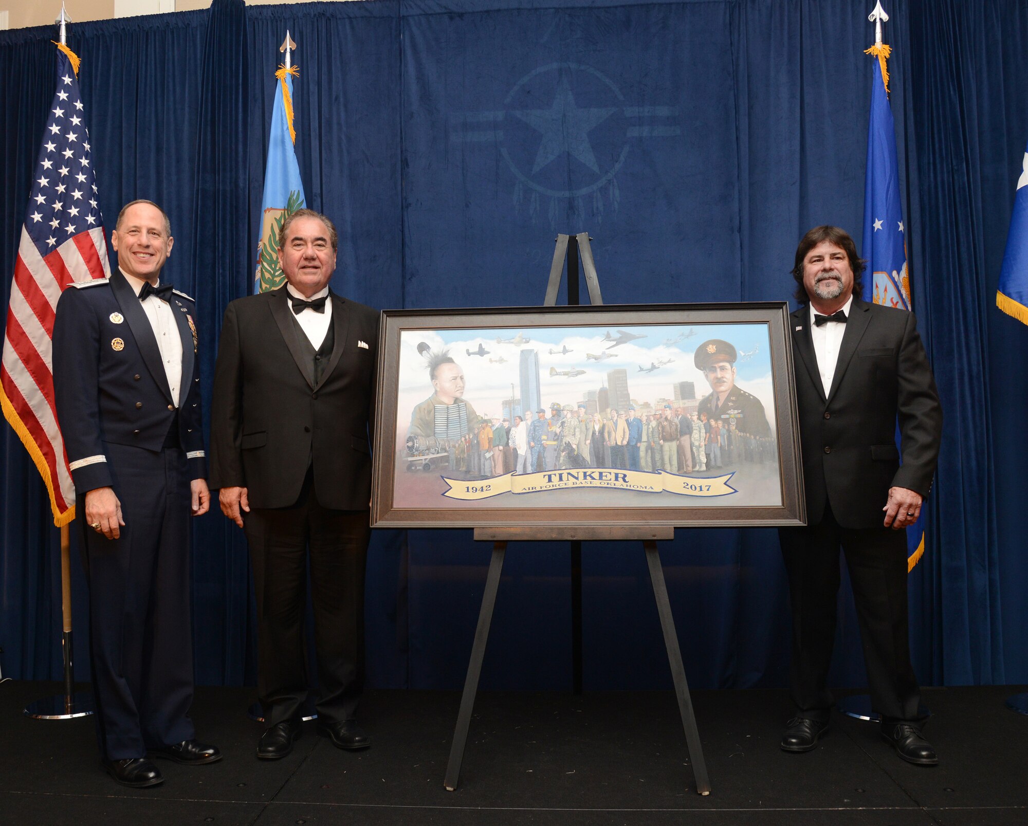 As part of Tinker's 75th Anniversary festivities, the Tinker and Community Dining Out was held at The Skirvin Hilton in downtown Oklahoma City Apr. 7. Oklahoma State Gov. Mary Fallin was the featured speaker at the black-tie event. A commissioned painting commemorating the 75th anniversary of Tinker Air Force Base, and painted by one of Tinker's own, Senior Master Sgt. Darby Perrin, with the 507th Air Refueling Wing, was unveiled during the celebration.