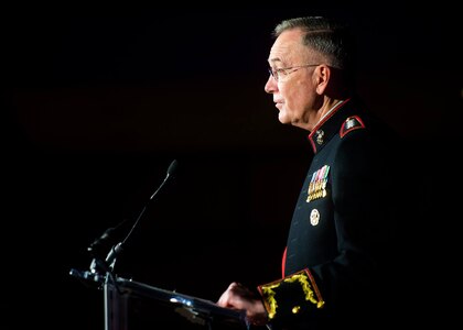 Marine Corps Gen. Joe Dunford accepts the Eisenhower Award on behalf of the more than two million members of the Defense Department from the Business Executives for National Security in Washington, April 13, 2017.