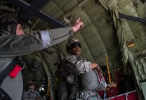 Robby Royster, 435th Security Forces Squadron close precision engagement team leader, prepares to exit a C-130J during Exercise Thracian Spring 17 in Plovdiv, Bulgaria, March 20, 2017. Royster is one of very few U.S. service members to earn the elite status of master rated parachutist; a badge requiring a minimum 36 months on active jump status, 65 exits out of an aircraft, 25 combat equipment jumps, four night jumps and two night duties.  (U.S. Air Force photo by Staff Sgt. Nesha Humes)