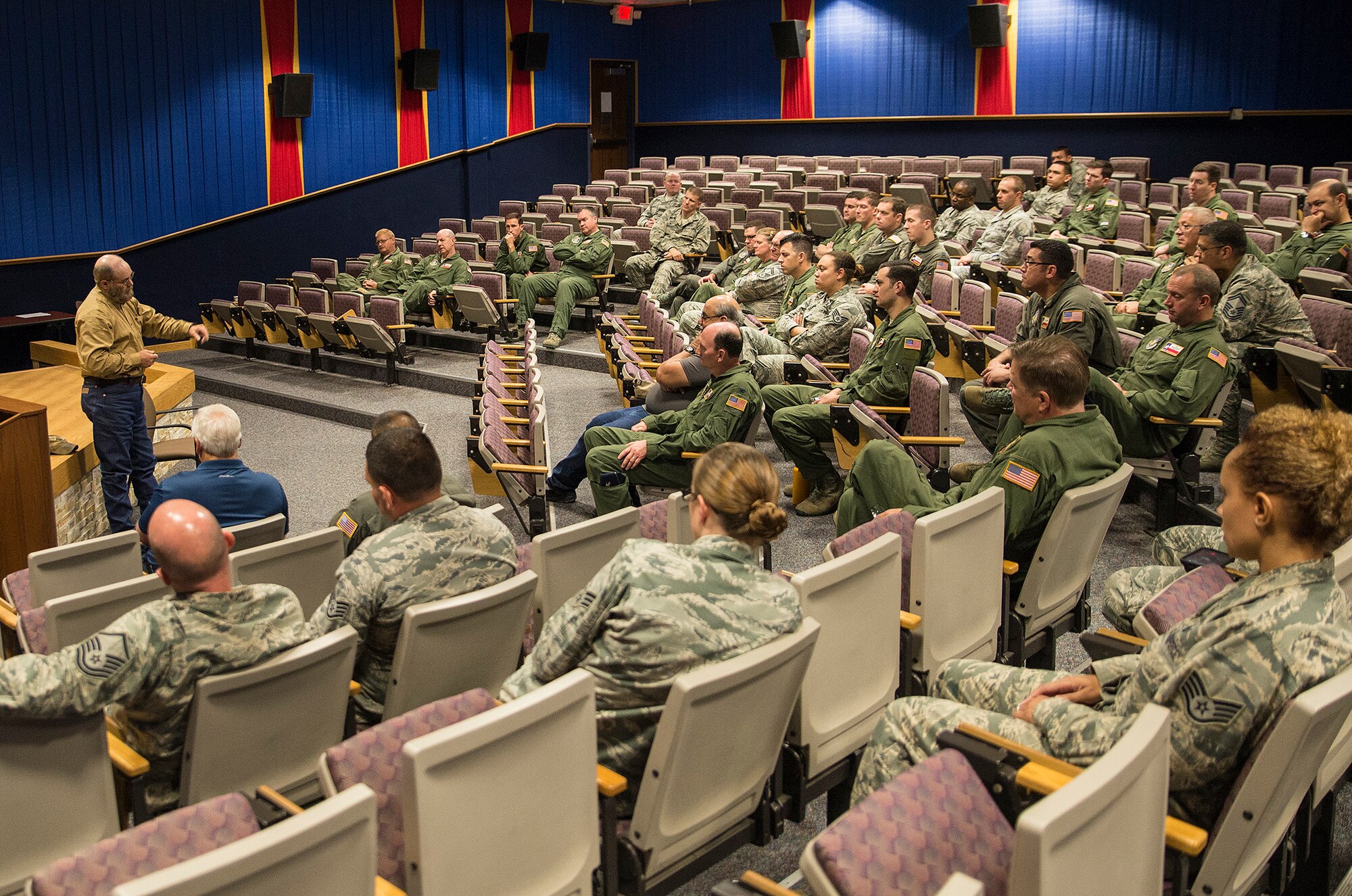 Thomas Hamill, speaks to members of the 433rd Airlift Wing April 13, 2017 at Joint Base San Antonio-Lackland. Hamill was a government-contracted truck driver during the Iraq War in 2004, when his convoy was ambushed and he was taken prisoner for 24 days. The speech focused on being resilient and never giving up in the face of danger.  (U.S.  Air Force photo by Benjamin Faske)