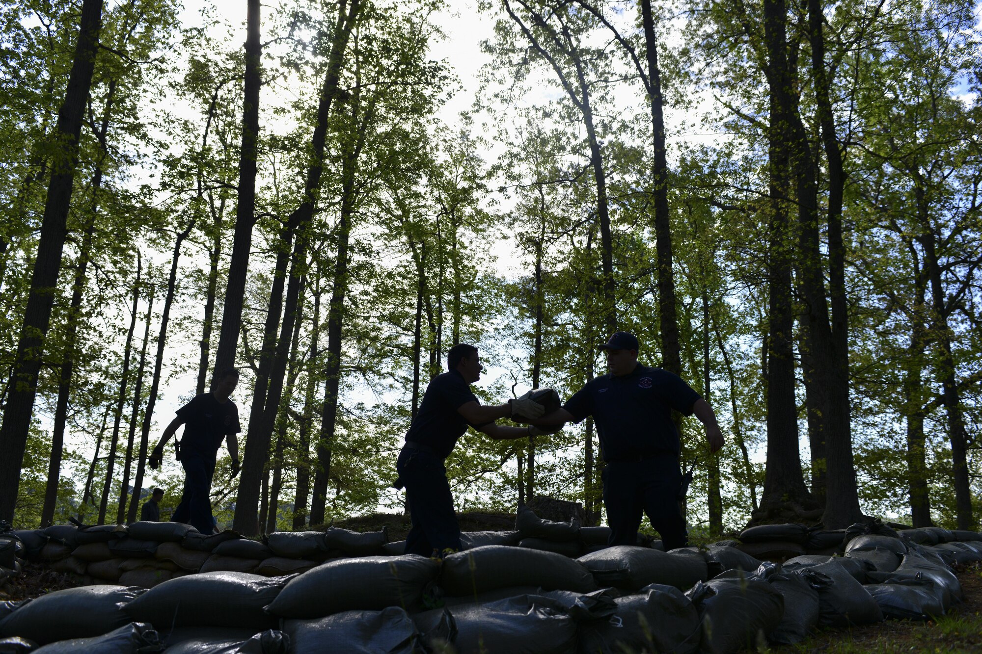 Volunteers from the Fort Eustis Fire Department place sandbags at a Civil War earthworks site on Fort Eustis during Earth Week events at Joint Base Langley-Eustis, Va., April 17, 2017.  Preserving this earthwork was part of JBLE’s Earth Week celebration, which also included shoreline planting, boat tours, nature trail maintenance and a rain-barrel workshop. (U.S. Air Force photo/Tech. Sgt. Katie Gar Ward)