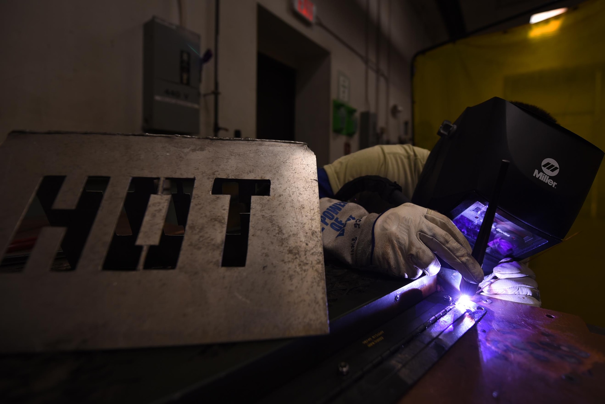 U.S. Air Force Senior Airman Jacob Fernholz, 19th Maintenance Squadron Aircraft Metals Technology journeyman, welds an aircraft component April, 11, 2017, at Little Rock Air Force Base, Ark. The metals tech Airmen weld everything from aircraft components to flight line support equipment. (U.S. Air Force photo by Airman 1st Class Kevin Sommer Giron)