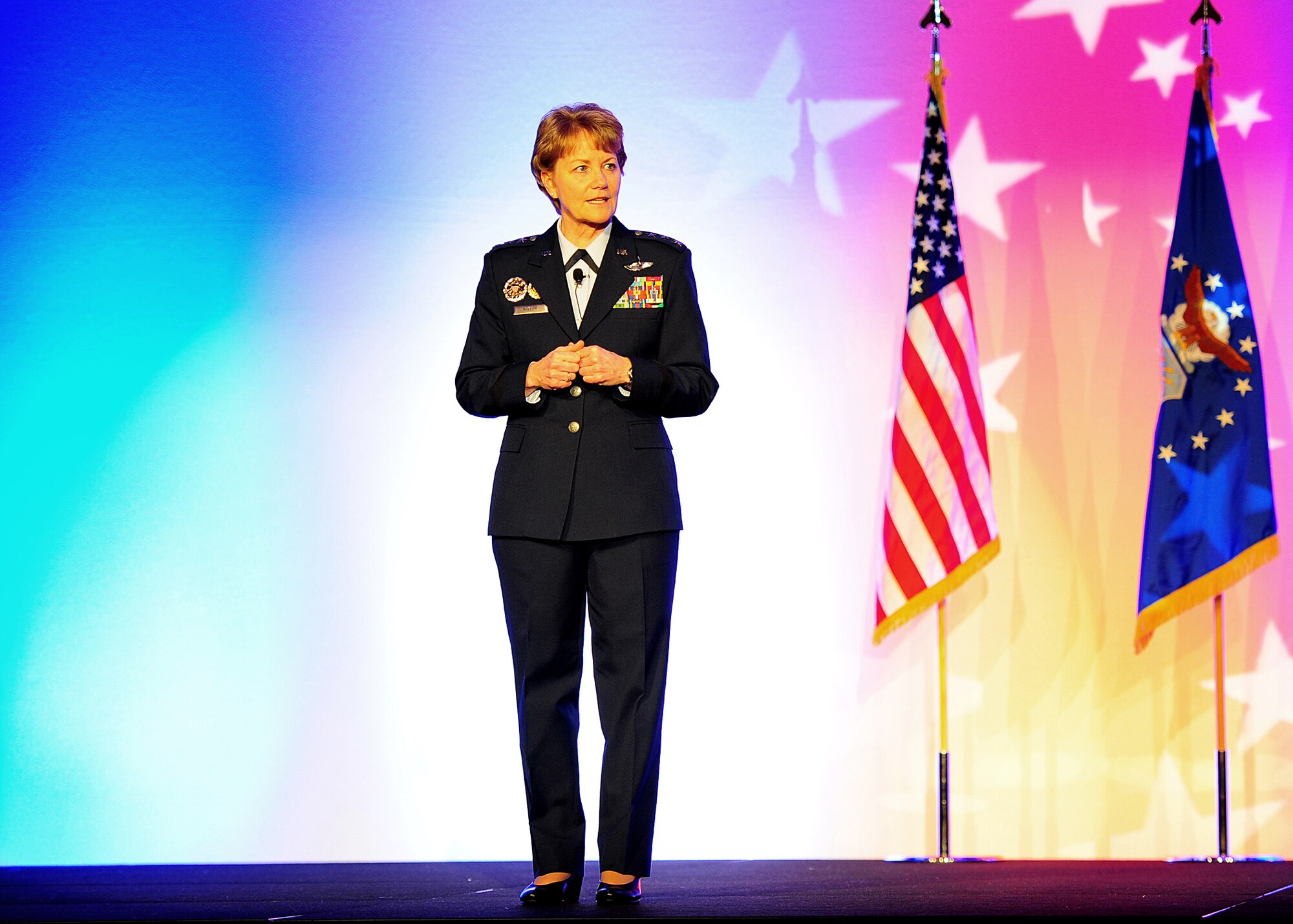 Chief of Air Force Reserve Command, Lt. Gen. Maryanne Miller, gives opening remarks at the AFRC Outstanding Airman of the Year banquet at the Sawgrass Marriott Golf Resort, Ponte Vedra Beach, Florida, April 12, 2017. (U.S. Air Force photo by Tech. Sgt. Stephen D. Schester)