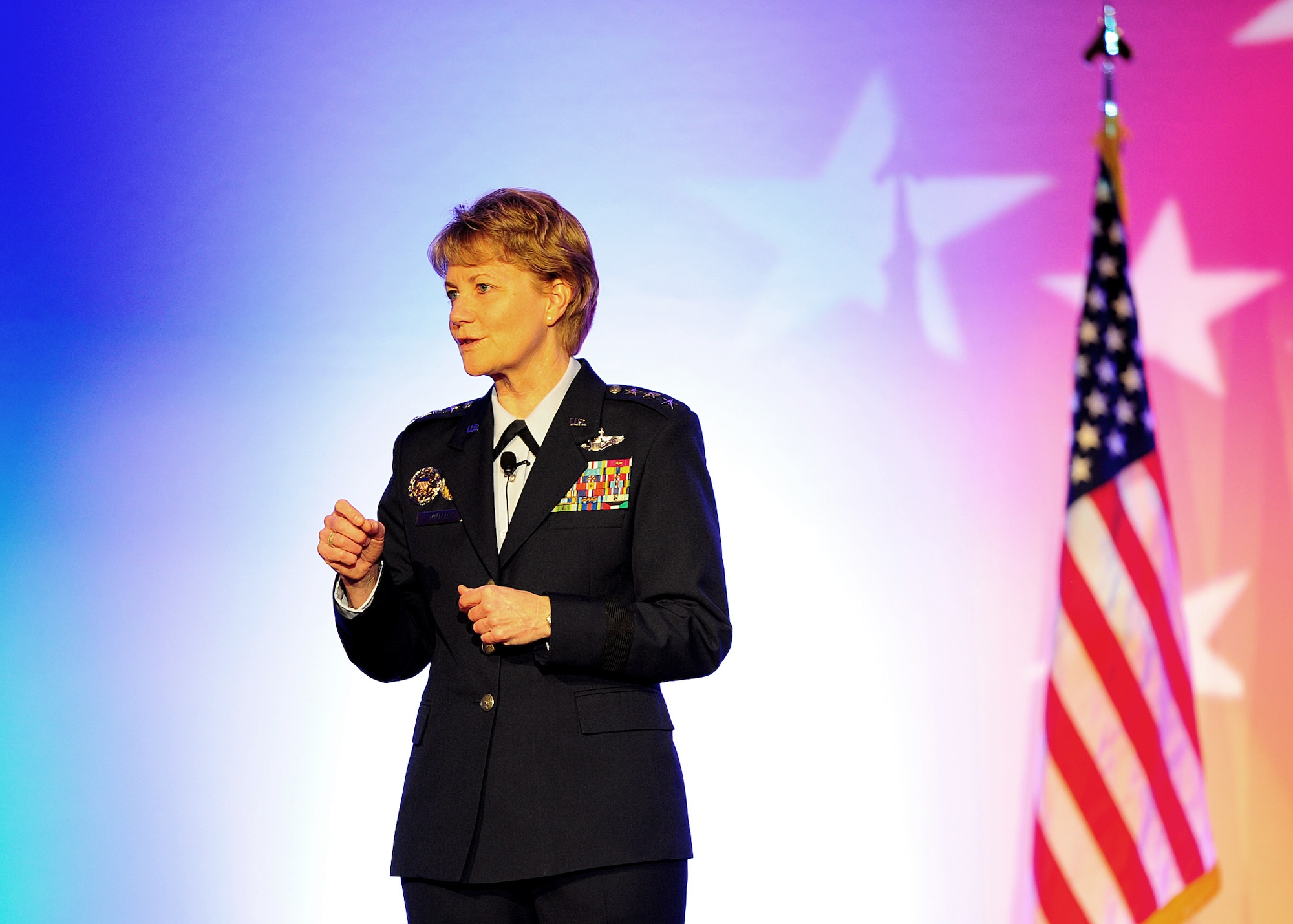 Chief of Air Force Reserve Command, Lt. Gen. Maryanne Miller, gives opening remarks at the Outstanding Airman of the Year banquet for AFRC at the Sawgrass Marriott Golf Resort, Ponte Vedra Beach, Florida, April 12, 2017. (U.S. Air Force photo by Tech. Sgt. Stephen D. Schester)