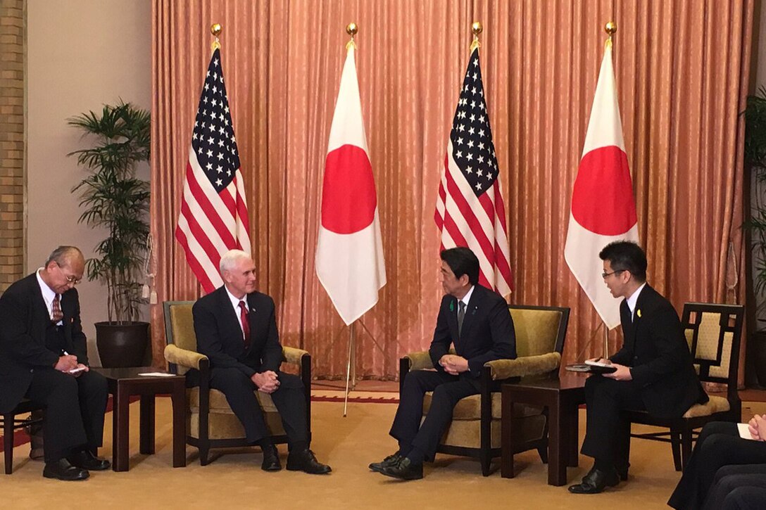 Vice President Mike Pence meets with Japanese Prime Minister Shinzo Abe in Tokyo, April 18, 2017. White House photo by D. Myles Cullen    