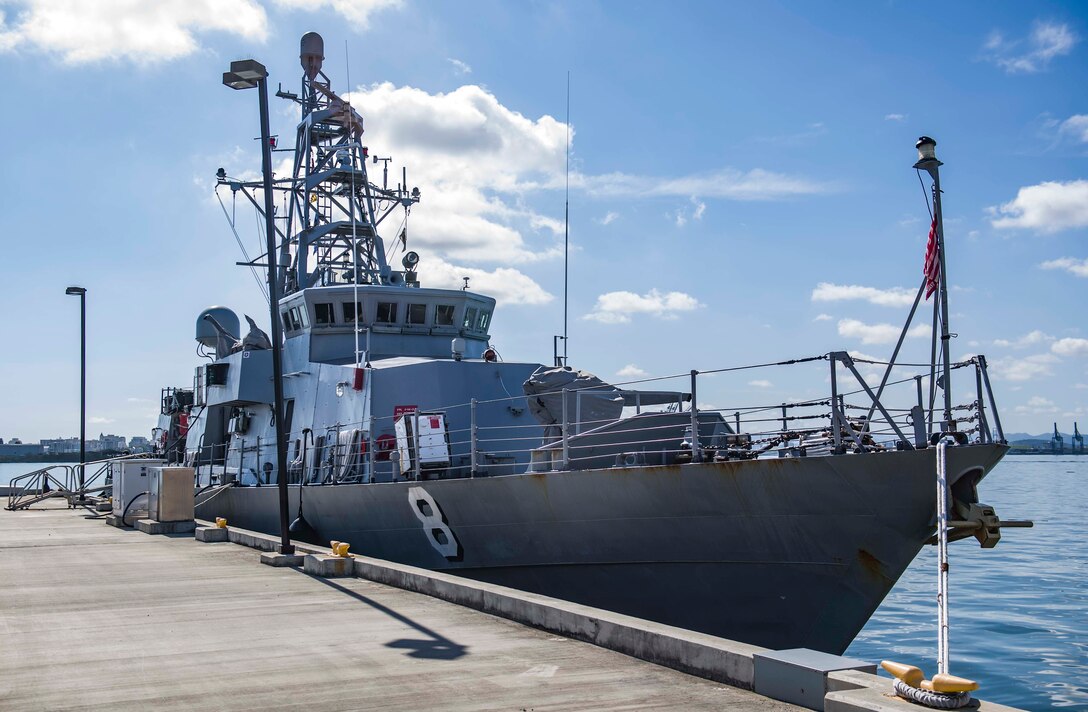 SAN JUAN, Puerto Rico (April 17, 2017) - The Cyclone-class patrol coastal ship USS Zephyr (PC 8) is docked at U.S. Coast Guard station San Juan. Zephyr is currently underway in support of Operation Martillo, a joint operation with the U.S. Coast Guard and partner nations, within the 4th Fleet area of responsibility. (U.S. Navy photo by Mass Commuication Specialist 3rd Class Casey J. Hopkins/Released)