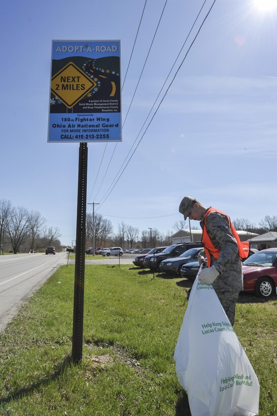 Airman First Class Dan Haviland, an avionics specialist assigned to the 180th Fighter Wing, Ohio Air National Guard, collects trash alongside more than 40 180FW Airmen during the wing’s annual Adopt-A-Road clean-up day, April 8, 2017. The 180FW established a partnership with Keep Toledo/Lucas County Beautiful Adopt-A-Road program more than 20 years ago when the wing officially adopted the five mile stretch of road in March, 1997. Boasting a long tradition of supporting our surrounding communities and throughout Northwest Ohio, 180FW Airmen are fully integrated into our local communities and are invested in the safety and quality of life within those communities, they are dedicated to giving back to those communities who provide the foundational support to our missions, our Airmen and their families.