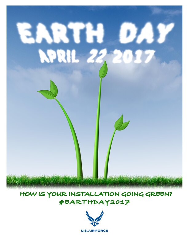 The United States Air Force encourages installations to participate in the Earth Day observance on April 22, 2017 by sharing going green methods and energy saving ideas via social media by using #EarthDay2017. The digital artwork depicts the concept of the Air Force's commitment to cleaner air with a you plant that resembles the Air Force Memorial sprouting up to a blue sky. (Graphic by Sandra Cantrell)