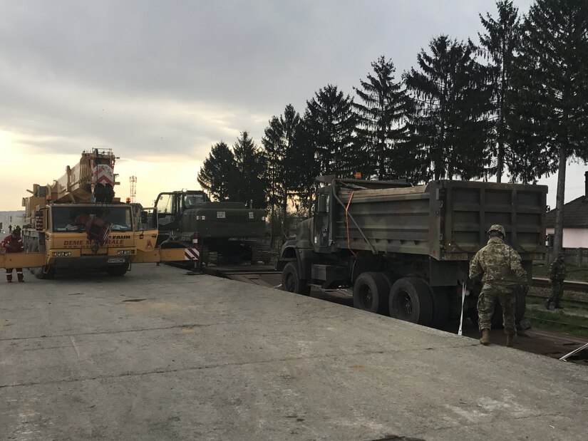 Soldiers of the South Carolina Army National Guard, 122nd Engineer Battalion, 59th troop command, the United States Army Reserves, 702nd Horizontal Engineer Company, 844th Engineer Battalion, 926th Engineer Brigade, and the Romanian Land Forces operated in conjunction to offload 196 vehicles and pieces of equipment from April 1 to April 4, 2017. (Photo Credit: 1st Lt. Louis Stevens)