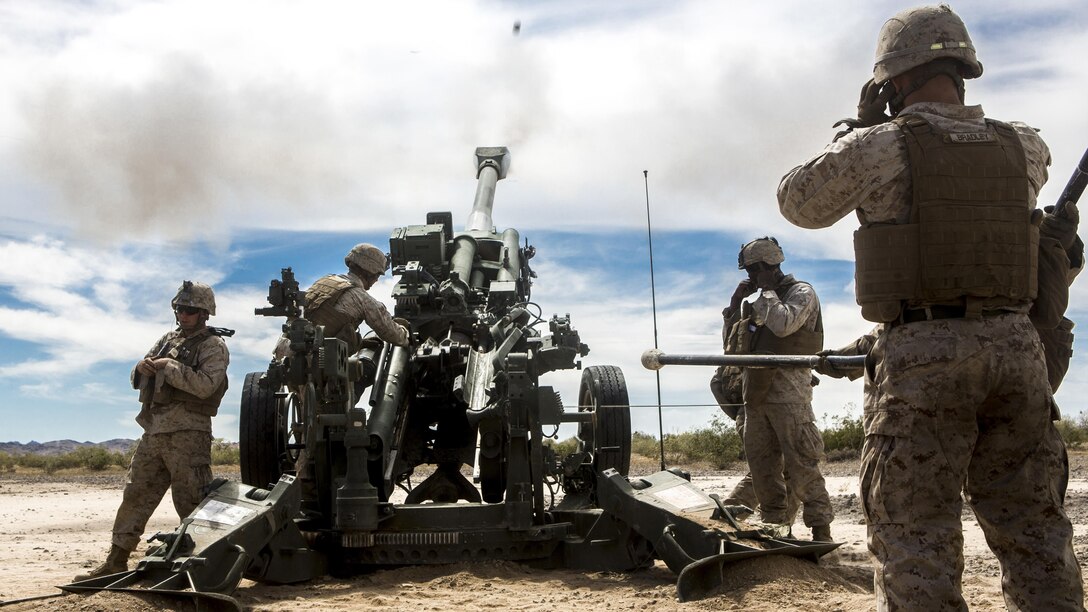 U.S. Marines with Battery B, 1st Battalion, 10th Marine Regiment, fire the M777 towed 155 mm howitzer during the assault support tactics 1 exercise in support of Weapons and Tactics Instructors course 2-17 at Fire Base Burt, Calif., April 17, 2017. AST-1 is a battalion reinforced air assault exercise, supported by fixed wing and rotary wing aviation fires, aviation delivered artillery, and mortars. WTI is a seven-week training event hosted by Marine Aviation Weapons and Tactics Squadron One cadre, which emphasizes operational integration of the six functions of Marine Corps aviation in support of a Marine Air Ground Task Force and provides standardized advanced tactical training and certification of unit instructor qualifications to support Marine Aviation Training and Readiness and assists in developing and employing aviation weapons and tactics.