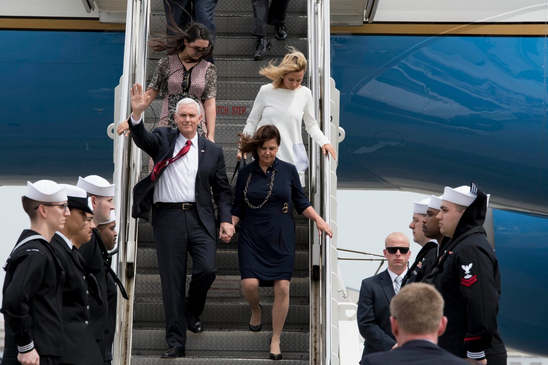 Vice President Mike Pence waves as he departs Air Force Two upon his arrival to Naval Air Facility Atsugi, Japan, April 18, 2017. The stop marked Pence’s first official visit to Japan as vice president. During his trip, Pence will emphasize President Trump's continued commitment to U.S. alliances and partnerships in the Asia-Pacific region, highlight the administration's economic agenda and underscore support for U.S. troops at home and abroad. Navy photo by Petty Officer 2nd Class Michael Doan