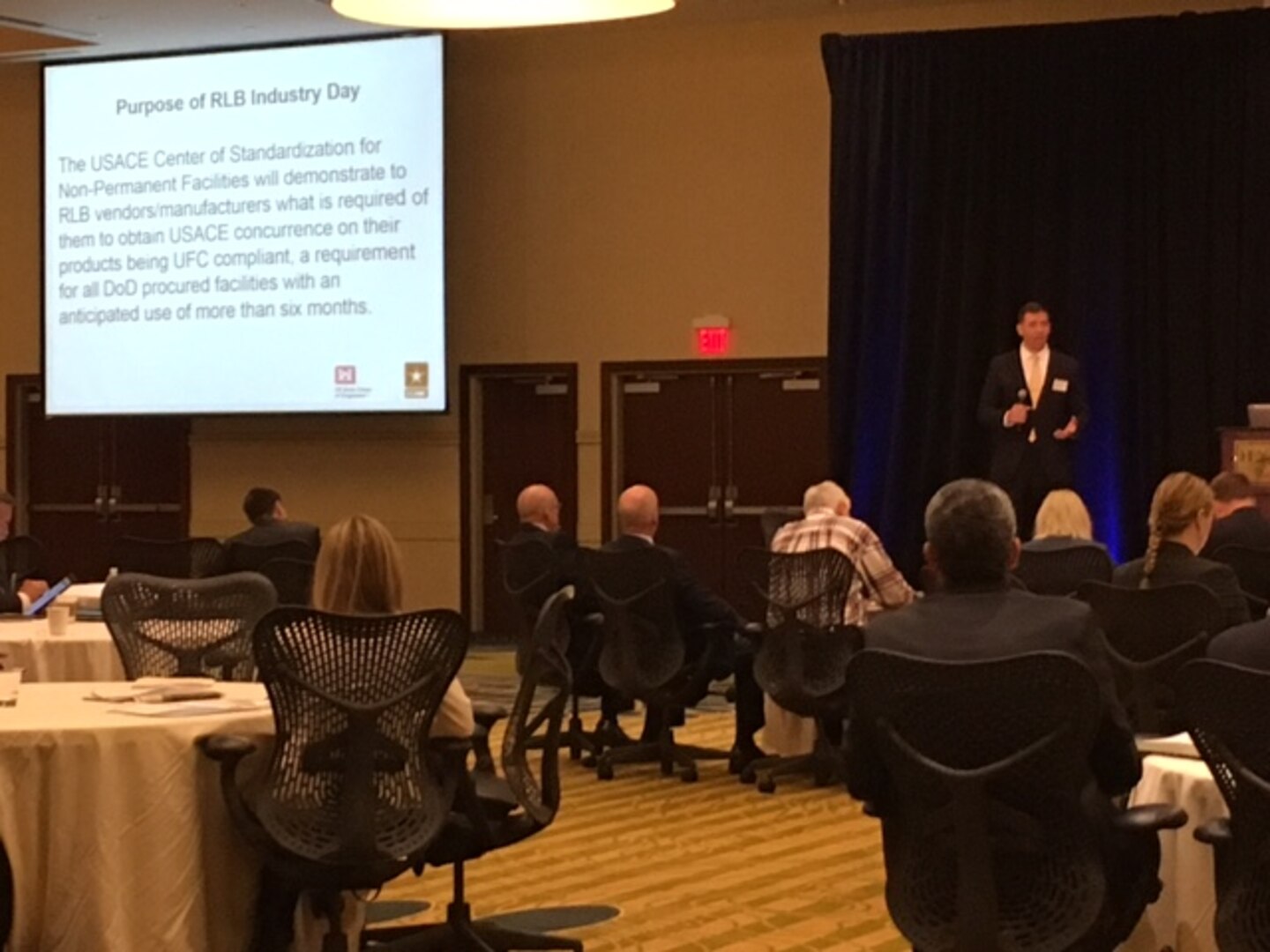 Deputy Director of Engineering at the Middle East District, Alan Zytowski, addresses attendees at the RLB Industry Day, April 12. 
