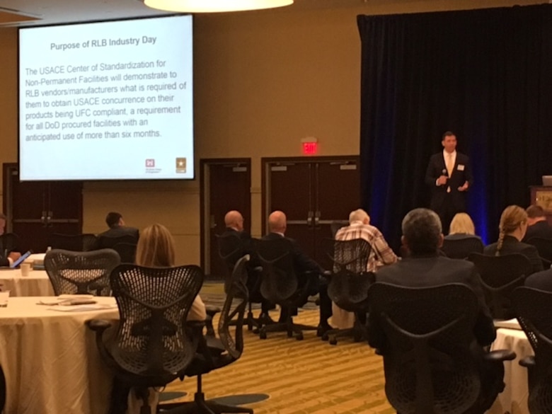 Deputy Director of Engineering at the Middle East District, Alan Zytowski, addresses attendees at the RLB Industry Day, April 12. 
