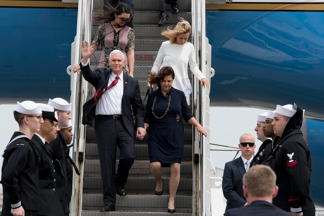 Vice President Mike Pence arrives at Naval Air Facility Atsugi, Japan, April 18, 2017. Pence is on his first trip to the Asia-Pacific region as vice president. Navy photo by Petty Officer 2nd Class Michael Doan