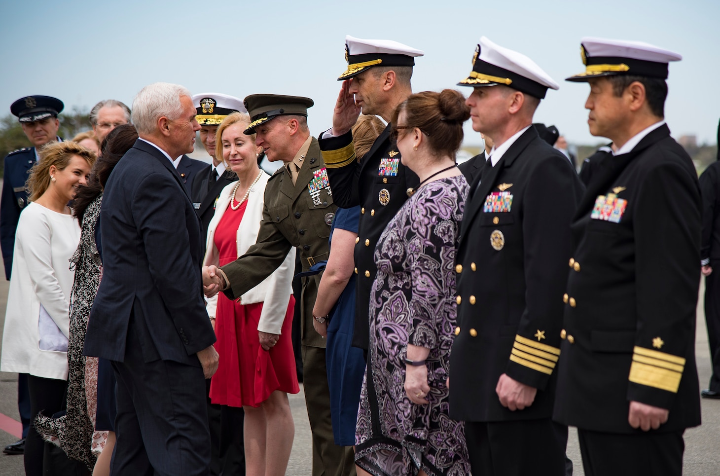 Rear Adm. Matthew Carter, Commander, U.S. Naval Forces Japan, salutes Vice President Mike Pence upon his arrival to Naval Air Facility Atsugi, Japan. The stop marked Pence’s first official visit to Japan as Vice President, April 18, 2017. During his trip, the Vice President will emphasize President Trump's continued commitment to U.S. alliances and partnerships in the Asia-Pacific region, highlight the Administration's economic agenda, and underscore America's support for our troops at home and abroad.