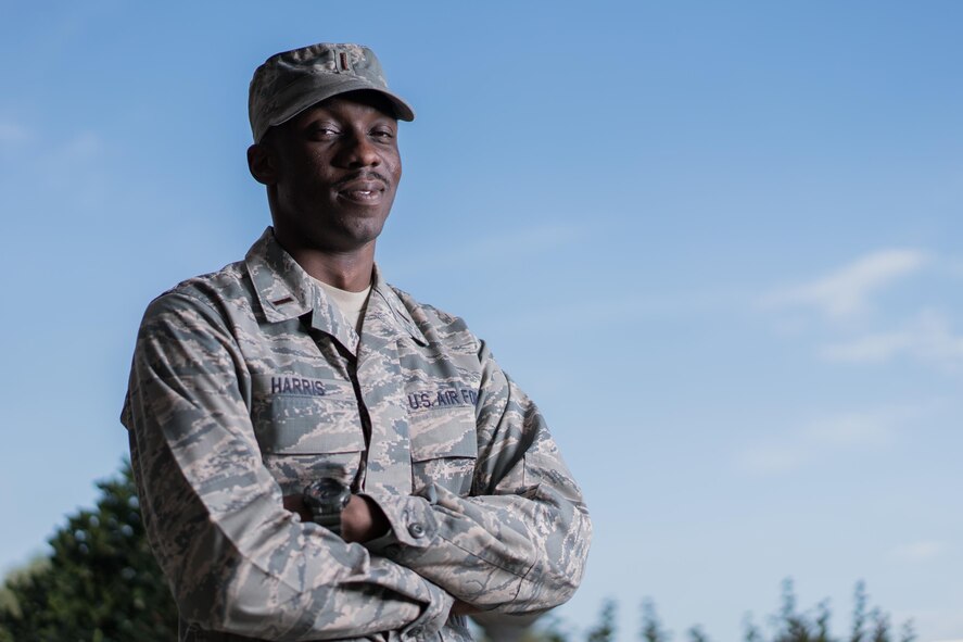 Second Lt. D’Anthony Harris, 413th Aeromedical Staging Squadron medical readiness officer, poses for a photo outside of his church April 18, 2017, in Warner Robins, Georgia. Harris began his military career in 2005 when he enlisted into the Georgia National Guard. He joined the Air Force Reserve four years later and commissioned last year as a Medical Service Corps officer. (U.S. Air Force photo by Jamal D. Sutter)