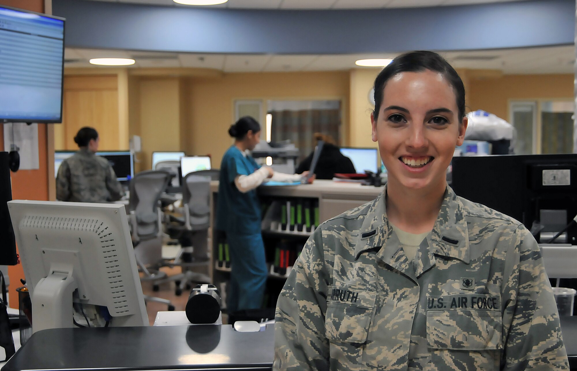 First Lt. Clarissa Carruth, 81st Inpatient Operation Squadron clinical nurse, pauses for a photo April 5, 2017, at Keesler Air Force Base, Miss. During her time at the 81st Medical Group, Carruth implemented a new communication tool, Ticket to Ride, and created a unit advisory council where Airmen have a voice and can feel comfortable expressing their ideas and concerns. (U.S. Air Force photo by Senior Airman Jenay Randolph)