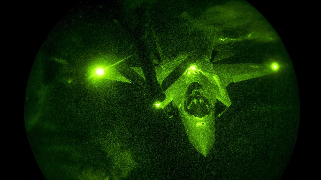 An F-35A Lightning II strike fighter prepares to refuel over North America, April 15, 2017, en route to its deployed location in Europe. Air Force photo by Tech. Sgt. Nathan Lipscomb