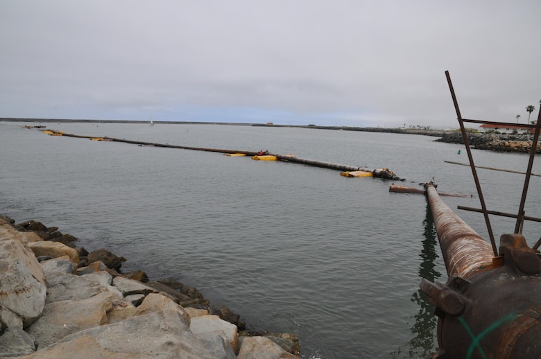 This is the initial segment of pipeline that connects the dredge HR Morris to additional lengths along the beach. Dredge operators adjust the intake to create a slurry that is about 15-20 percent material and 85-80 percent water for maximum efficiency.