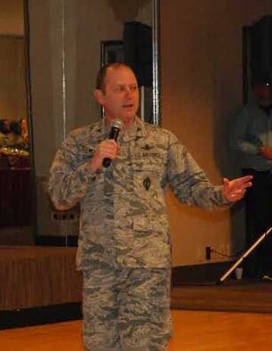 PETERSON AIR FORCE BASE, Colo. – Col. Doug Schiess, 21st Space Wing commander, shares his personal story about taking advantage of Air Force Assistance Fund resources as a young officer in a time of family emergency April 12, 2017, at Peterson Air Force Base, Colo. The AFAF campaign goal is to raise $69,350 from Team Pete to provide assistance to four funded charities serving active duty and retired Airmen and their families. (U.S. Air Force photo by Dave Smith)