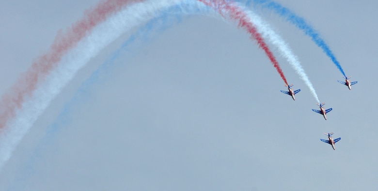 The Patrouille de France, an aerial demonstration team with the French Air Force, performs at Mather Air Field in Sacramento, California, April 15, 2017. The team consists of a commander and nine pilots along with 30 ground crew members. (U.S. Air Force photo/Staff Sgt. Rebeccah Anderson)