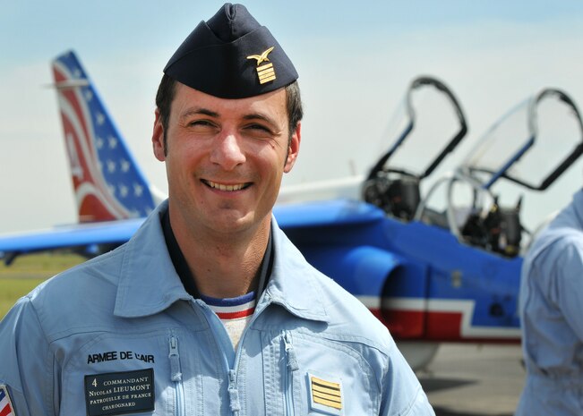 Commandant (Major) Nicolas Lieumont, pilot with Patrouille de France, poses for photo at Mather Air Field in Sacramento, California, April 15, 2017. (U.S. Air Force photo/Staff Sgt. Rebeccah Anderson)