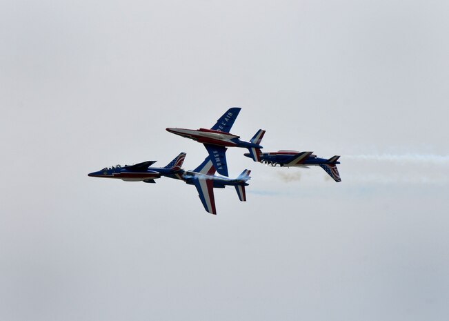 The Patrouille de France, an aerial demonstration team with the French Air Force, performs at Mather Air Field in Sacramento, California, April 15, 2017. The team consists of a commander and nine pilots along with 30 ground crew members. (U.S. Air Force photo/Staff Sgt. Rebeccah Anderson)