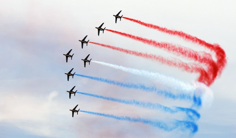 The Patrouille de France, an aerial demonstration team with the French Air Force, performs at Mather Air Field in Sacramento, California, April 15, 2017. With an eight aircraft formation, the Patrouille de France is the largest aerial demonstration team. (U.S. Air Force photo/Staff Sgt. Rebeccah Anderson)