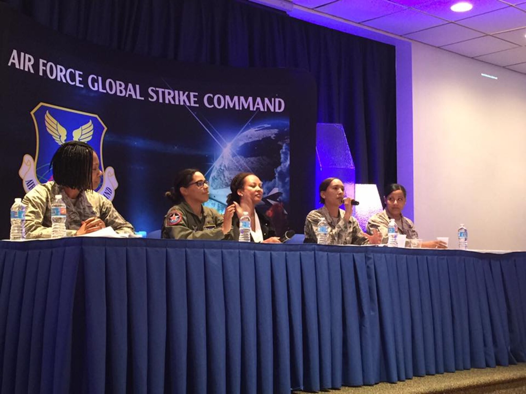 Air Force Global Strike Command members speak during the first Women’s Leadership Symposium at Barksdale Air Force Base, Louisiana, March 13-15, 2017. The summit began with a panel of women sharing experiences in several different career fields, specifically nuclear-capable, within the Air Force and Air Force Global Strike Command. (Courtesy photo)