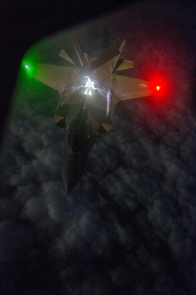 An U.S. Air Force F-35A Lightning II refuels over North America in route to its deployed location in Europe, April 15, 2017. The U.S. Air Force deployed the F-35A Lightning IIs, approximately 250 Airmen and associated equipment to RAF Lakenheath, England, on a long-planned training deployment to conduct air training with other Europe based aircraft. (U.S. Air Force photo by Tech. Sgt. Nathan Lipscomb)
