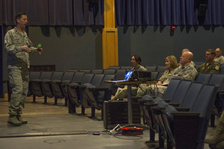 U.S. Air Force Airmen from the 354th Fighter Wing, listen to Lt. Col. Regan Patrick, a Profession of Arms Center of Excellence instructor, during a seminar ‘Enhancing Human Capital’ April 13, 2017, at Eielson Air Force Base, Alaska. The seminar was open to all military, civilian employees and spouses. (U.S. Air Force photo by Airman 1st ClassIsaac Johnson)