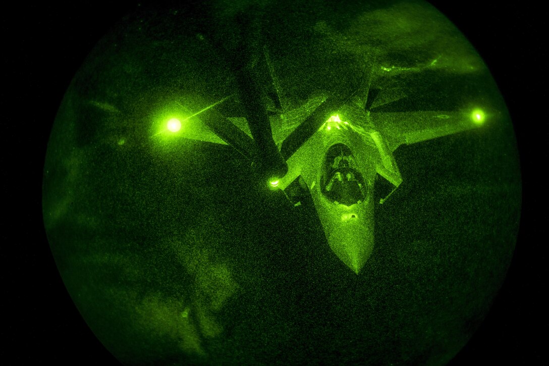 An F-35A Lightning II strike fighter prepares to refuel over North America, April 15, 2017, en route to its deployed location in Europe. Air Force photo by Tech. Sgt. Nathan Lipscomb