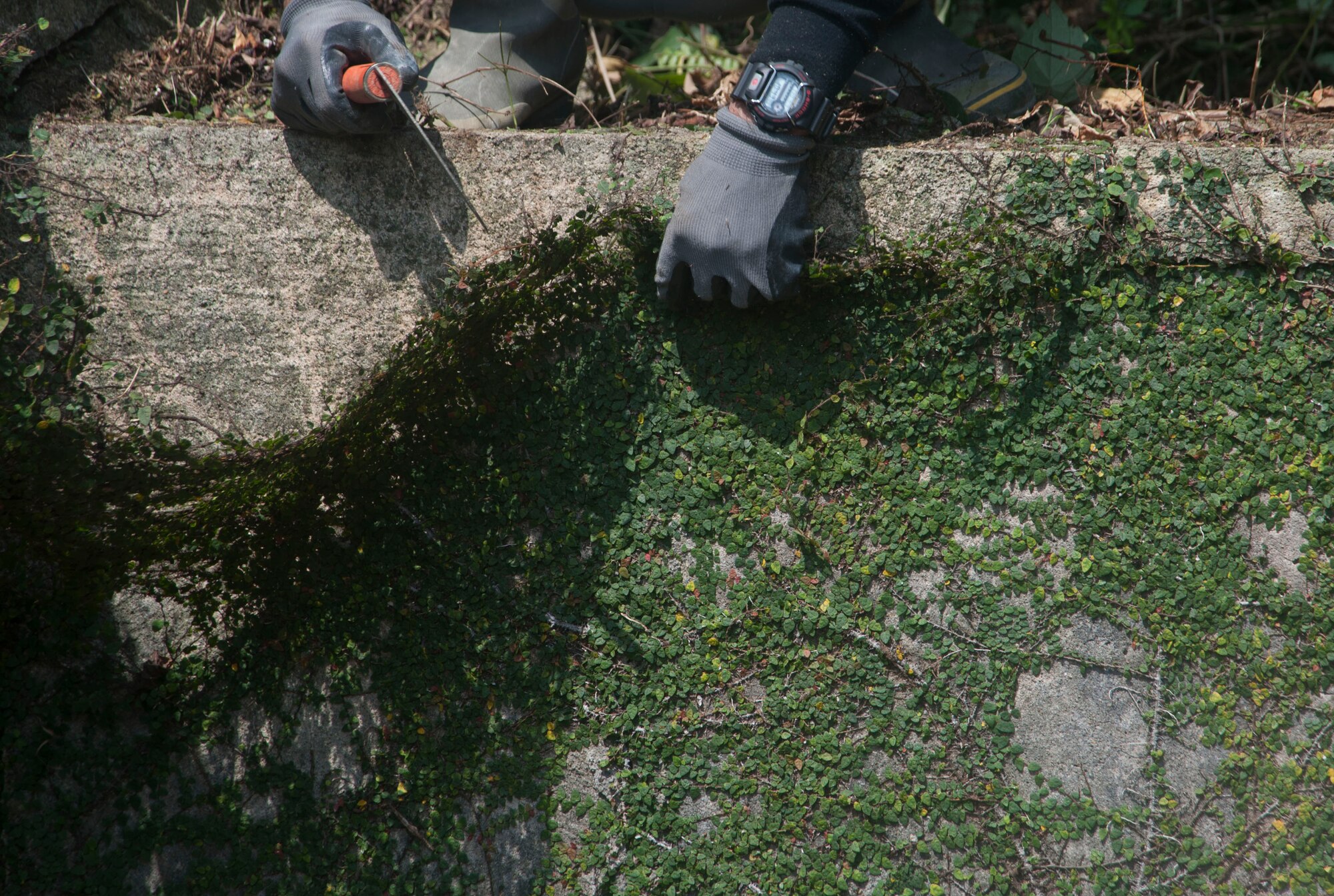 A local Okinawan cleans moss from a tomb April 9, 2017, at Kadena Air Base, Japan. Families come onto Kadena AB once a year to pay respect to their ancestors by offering traditional foods, beverages and incense at one of the many tombs within the area of the base. (U.S. Air Force photo by Airman 1st Class Quay Drawdy)