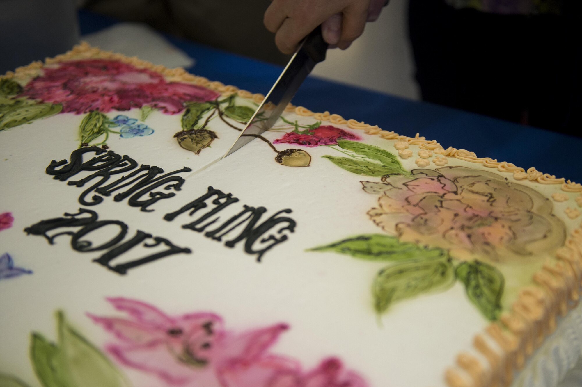A cake is cut during the fourth annual Spring Fling event in the Base Exchange at Spangdahlem Air Base, Germany, April 14, 2017. The Exceptional Family Member Program, along with other various organizations, hosted the event to raise awareness of EFMP and the service it provides for families. (U.S. Air Force photo by Airman 1st Class Preston Cherry)