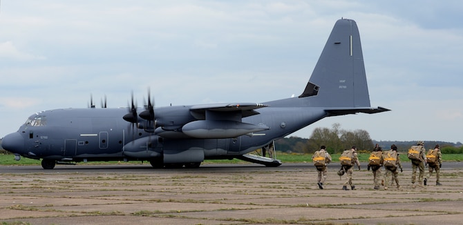 U.S. Air Force Air Commandos, assigned to the 321st Special Tactics Squadron board a MC-130J Commando II, April 6, 2017, on RAF Sculthorpe, England. The Air Commandos performed a second static line jump to become more familiar and ultimately, qualified on the new RA-1 parachute system. The new system will replace the MC-4 parachute. (U.S. Air Force photo by Senior Airman Justine Rho)