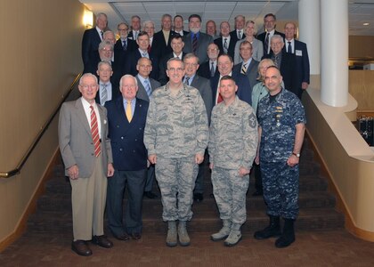 U.S. Air Force Gen. John E. Hyten (front row, center), commander of U.S. Strategic Command (USSTRATCOM); U.S. Navy Vice Adm. Charles A. Richard (front row, right), deputy commander of USSTRATCOM; and U.S. Air Force Chief Master Sgt. Patrick F. McMahon (front row, second from right), senior enlisted leader of USSTRATCOM, meet with members of the USSTRATCOM Strategic Advisory Group (SAG) during the 97th SAG Plenary at Offutt Air Force Base, Neb., April 18, 2017. The SAG convened to brief Hyten and his staff on scientific, technical, intelligence and policy issues associated with USSTRATCOM's missions. One of nine Department of Defense unified combatant commands, USSTRATCOM has global strategic missions assigned through the Unified Command Plan that include strategic deterrence, space operations, cyberspace operations, joint electronic warfare, global strike, missile defense, intelligence, and analysis and targeting.