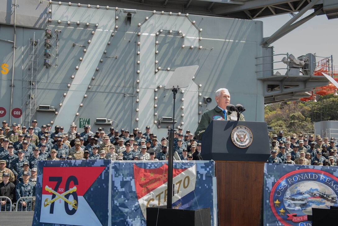 Vice President Mike Pence addresses service members on the flight deck of the Navy’s forward-deployed aircraft carrier, USS Ronald Reagan at Yokosuka Naval Base, Japan, April 19. 2017. Navy photo by Petty Officer 2nd Class Jamal McNeill